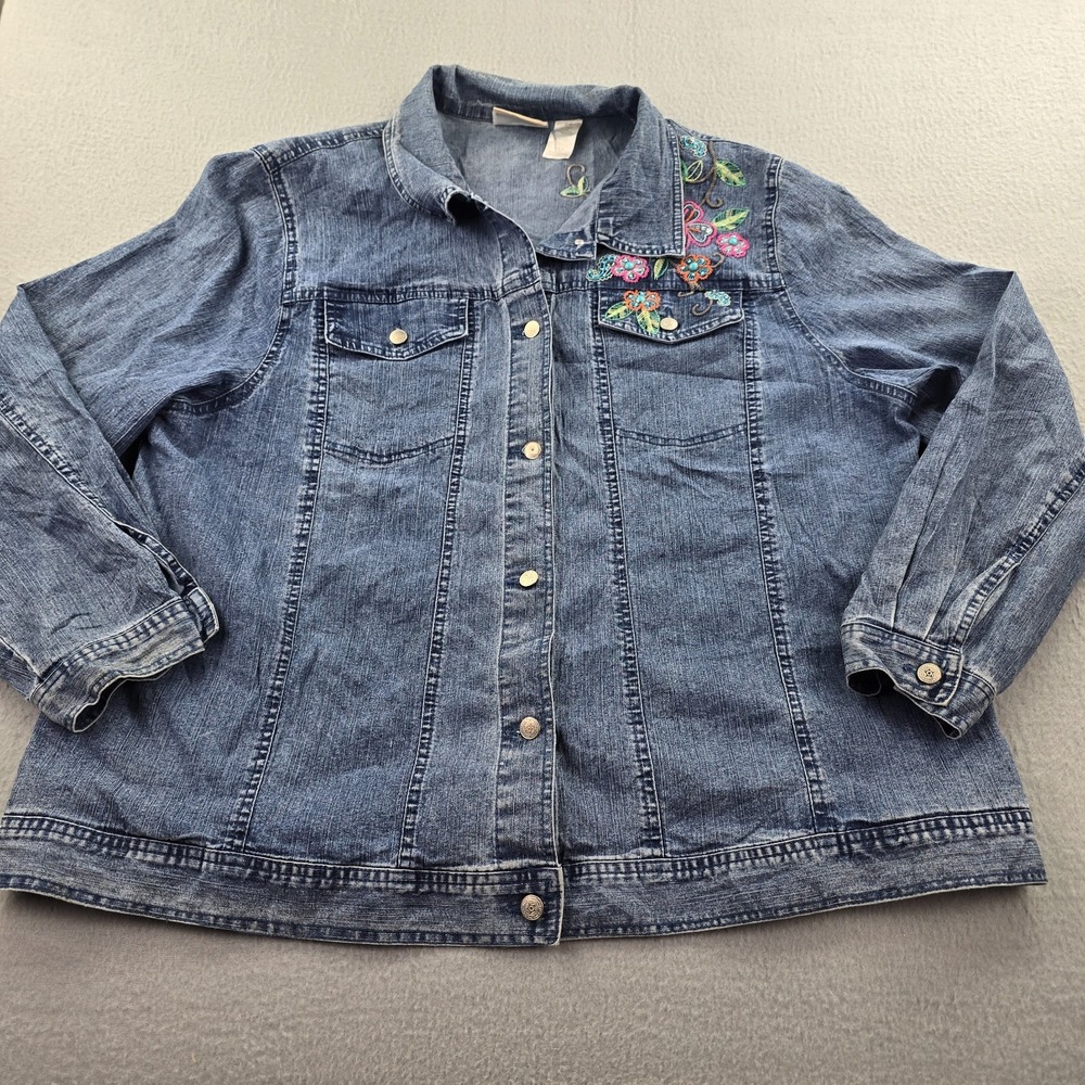 Alfred Dunner Jacket Womens 20W Blue Denim Cotton Floral Embroidered Medium Wash
